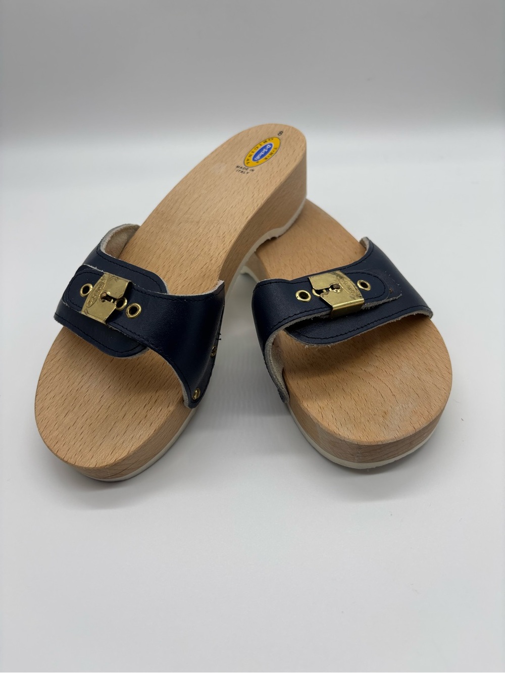Dr. Scholl's Navy Leather Slides with Brass Accent